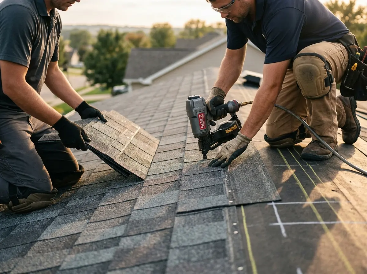 Professional roofer working on a residential roof in Elmira